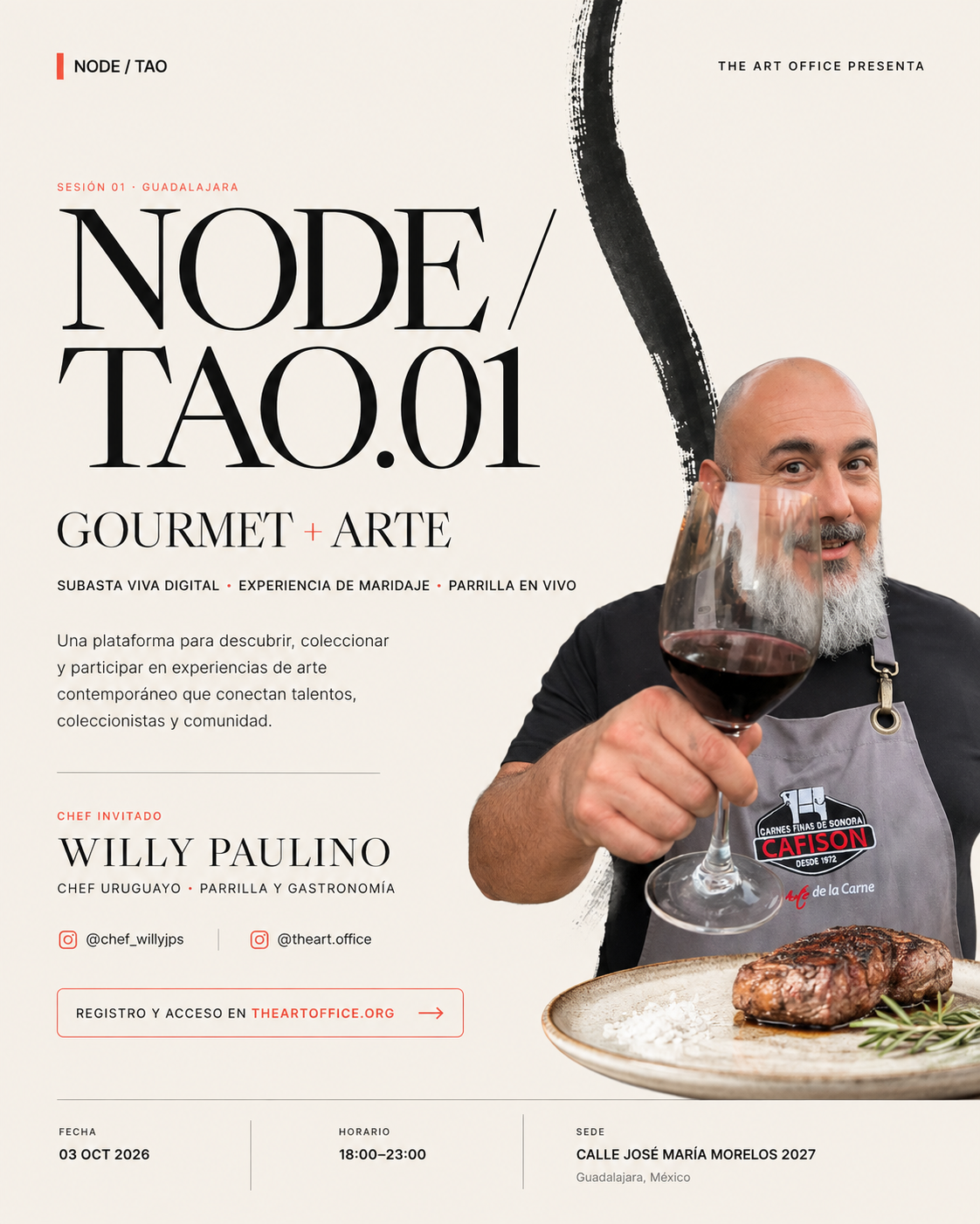 Flyer NODE TAO.01 Gourmet más Arte con el chef Willy Paulino