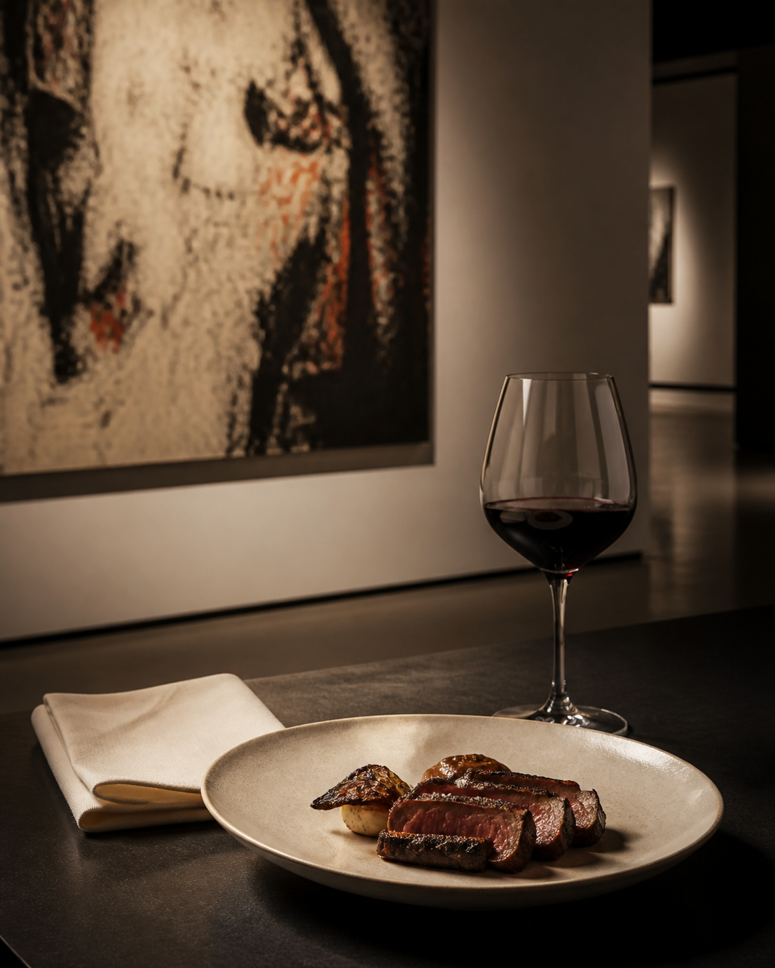 Cena y vino dentro de una galería de arte contemporáneo
