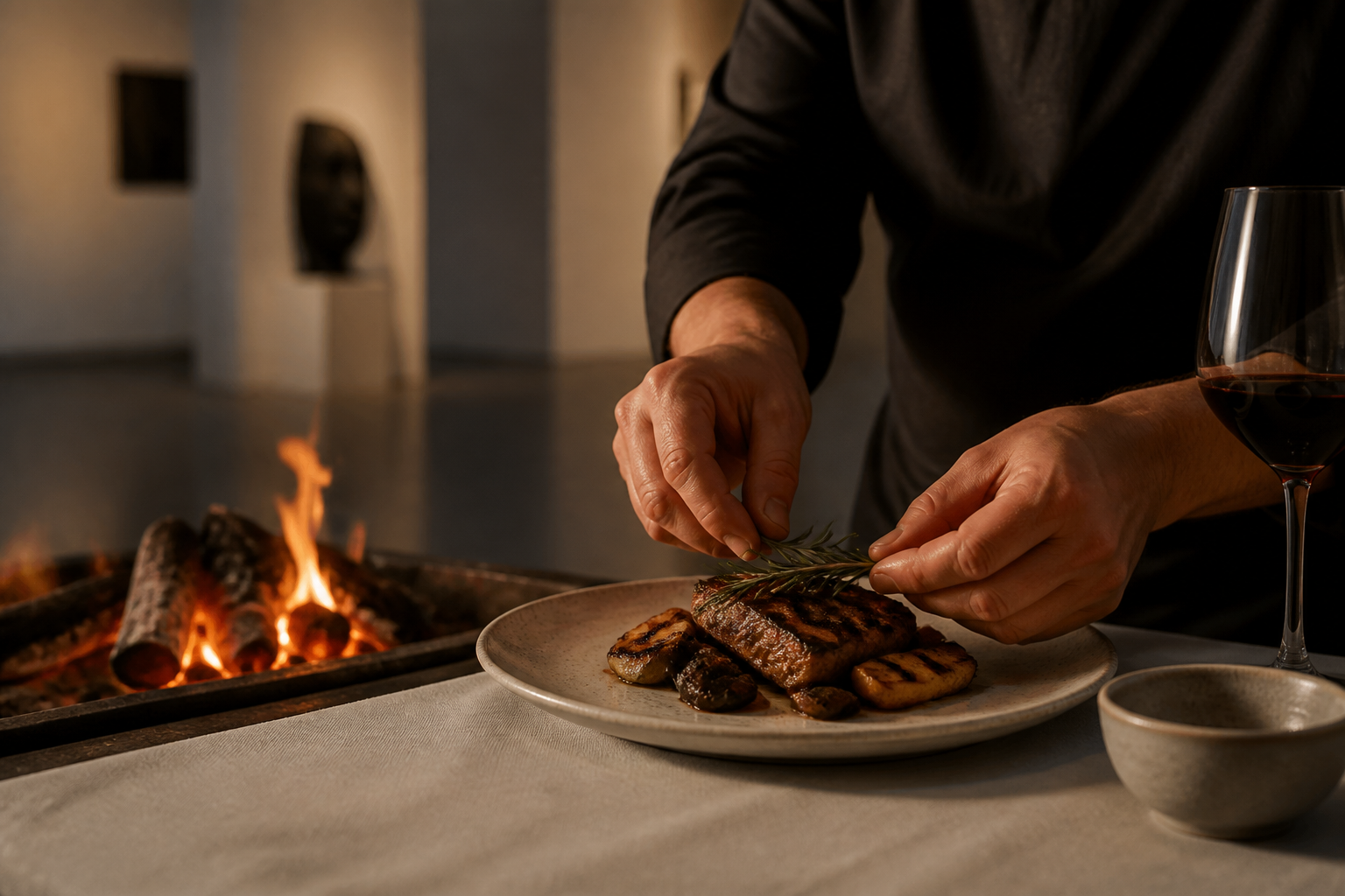 Experiencia gastronómica de parrilla en vivo en un entorno de arte contemporáneo